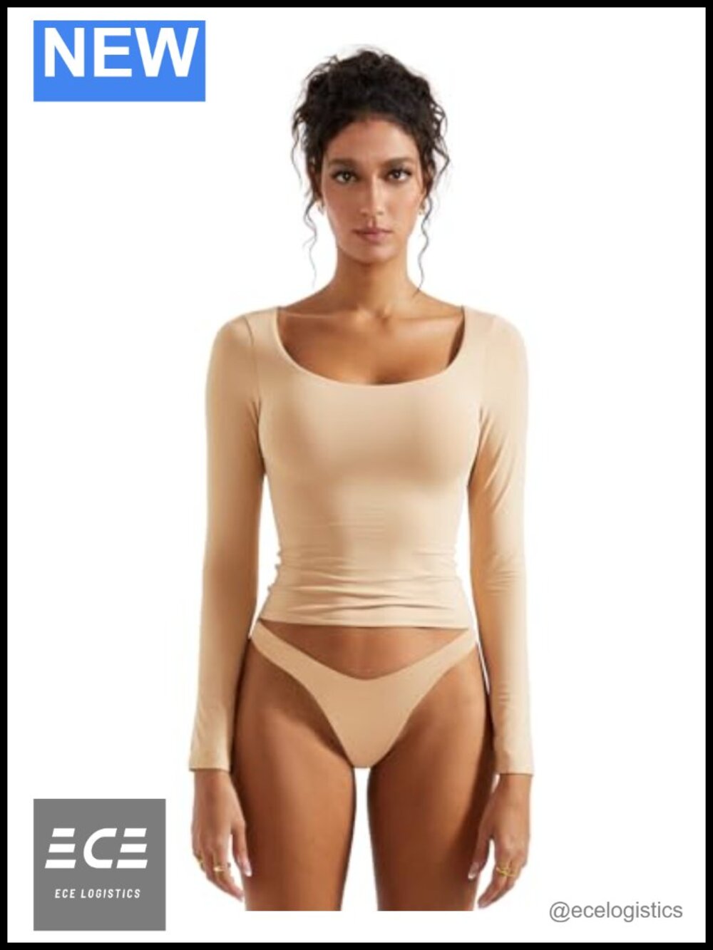 Double Lined Long Sleeve Scoop Neck Fitted Crop T-Shirt